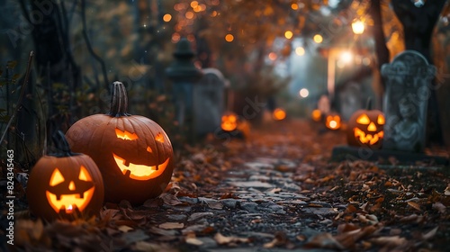 Sinister pumpkins line the path to a spooky graveyard, where restless spirits roam on Halloween night.