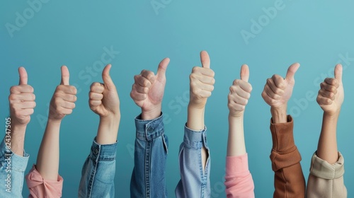 People of different races and skin tones giving thumbs up on a blue background. AIG535