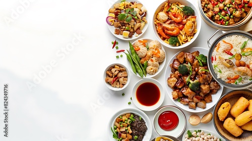 Appetizing Chinese Feast from Above on White Background in Ultra HD 8K Resolution