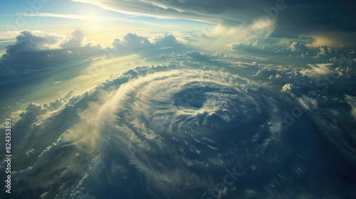 Aerial view of a hurricane's eye over Florida, surrounded by towering storm clouds and fierce winds, depicting nature's raw power and fury.