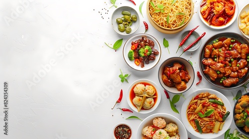 Delicious Chinese Cuisine Spread from Above on Clean White Background in Stunning 8K Resolution - Food Photography