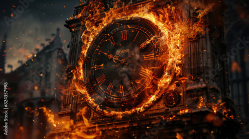 A fiery clock with its face consumed by flames, capturing the dramatic essence of time burning away in a powerful visual.