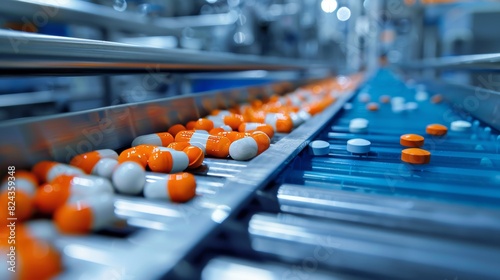 Close-up of pills being sorted on a high-speed conveyor system, sterile environment, pharmaceutical production
