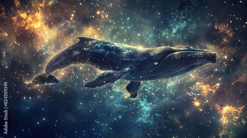 A majestic whale glides through the cosmos, surrounded by sparkling particle dust