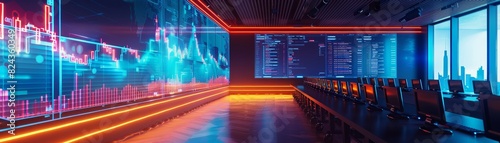 Futuristic trading room with large digital screens displaying stock market data and graphs in vibrant colors.