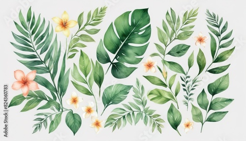 Watercolor of Tropical spring floral green leaves and flowers s isolated on transparent png background, bouquets greeting or wedding card decoration, with Generative Ai