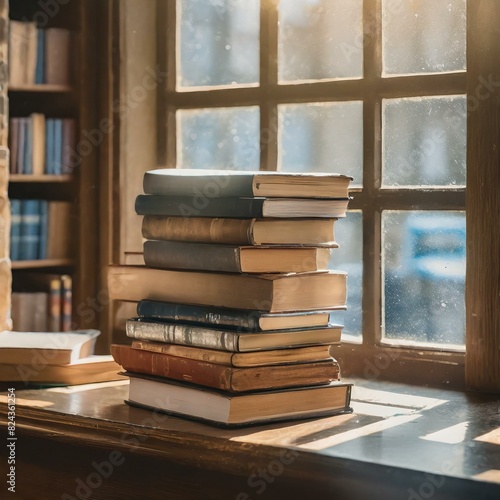 stack of books on a table; photographed through window