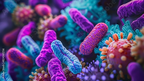 Microscopic view of E coli in urinary tract infection, detailed bacteria and urinary tissue interaction, vivid colors, high resolution