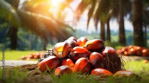 Oil Palm fruits with palm plantation background. 