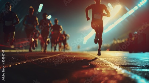 A high-quality image of a marathon race with runners sprinting towards the finish line, highlighted by professional lighting and copy space