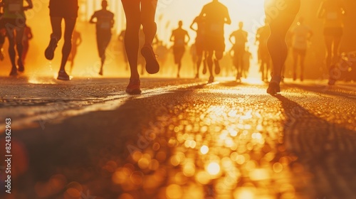 A high-quality stock photo of marathon runners nearing the finish line, captured with professional lighting and space for promotional text