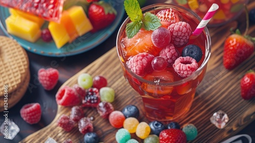 Sugary treats and a cup of fruit drink on a wooden surface