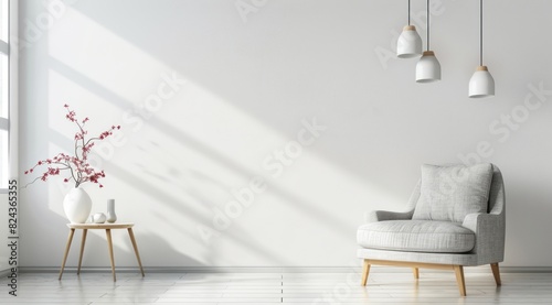 Modern interior design, grey armchair and coffee table with flower vase on white wall background