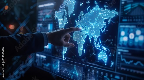 A close up of a hand in a business suit interacting with a holographic world map