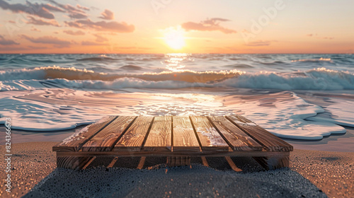 Chic wooden podium with ocean waves gently lapping the sandy shore at sunset