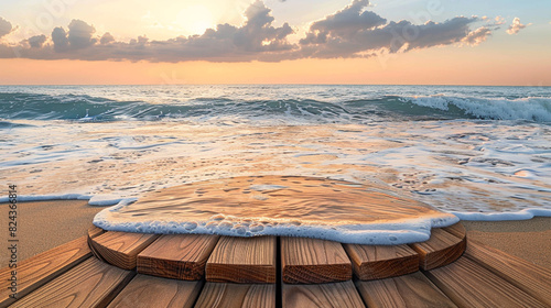 Chic wooden podium with ocean waves gently lapping the sandy shore at sunset