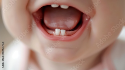 Show a close-up of a baby's mouth with their mouth full of teeth, capturing the progression from their first tooth to a mouthful of baby teeth. 