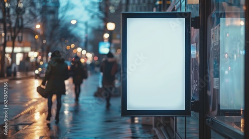 Blank advertisement board at a city bus stop, urban environment, people walking by