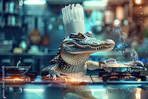A cute charismatic closeup of a crocodile in a chefs hat, cooking exotic dishes with holographic recipes, in a hightech kitchen, Sharpen banner with copy space