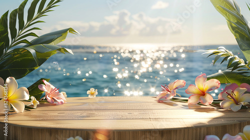 Modern wooden podium with tropical flowers and the sparkling sea as a backdrop