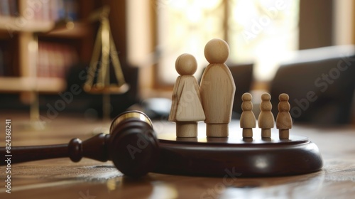 Custody. Family Law: Courtroom Scene with Gavel, Judge Table, Family Figurines, Divorce Lawyer