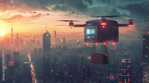 Advanced delivery drone with a package, futuristic cityscape background, twilight setting