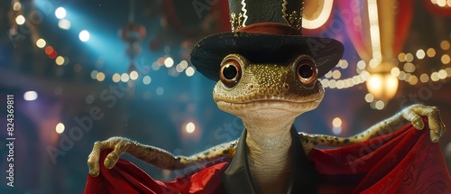 Amazing closeup charismatic of a newt dressed as a magician, pulling holographic tricks from a digital hat, in a magical theater, Sharpen banner cinematic with copy space