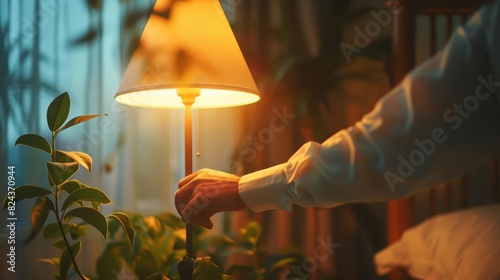 Close up of a mans hand turning off a torchiere lamp
