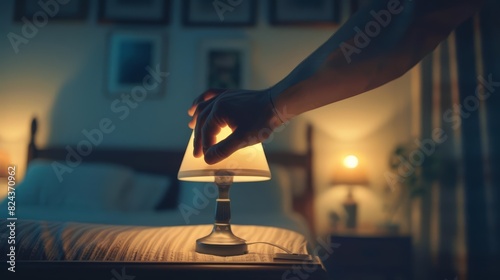 Close up of a mans hand turning off a torchiere lamp