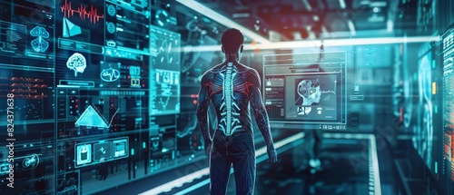 Electronic health records being securely accessed via a biometric interface, depicted in a futuristic lab with a blend of hitech and cyberpunk colors