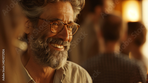 Close-up of an elderly happy man with glasses. He is smiling and happy about what is happening. The concept of the longevity holiday