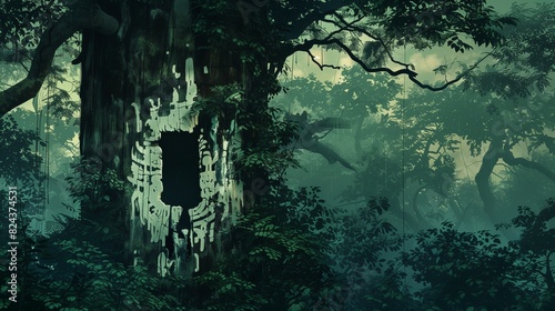 A dense forest under a twilight sky, where bold strokes of white paint form a mystic doorway on a weathered tree trunk, the dark green foliage surrounding it whispering secrets of an ancient world.