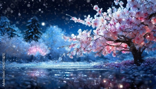 凍てつく冷気と夜桜、幻想的な背景、スタイリッシュ、シンプルに表現 Generated by AI