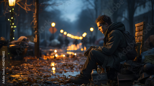 A homeless person sitting alone on a cold, desolate street, surrounded by shadows and discarded objects