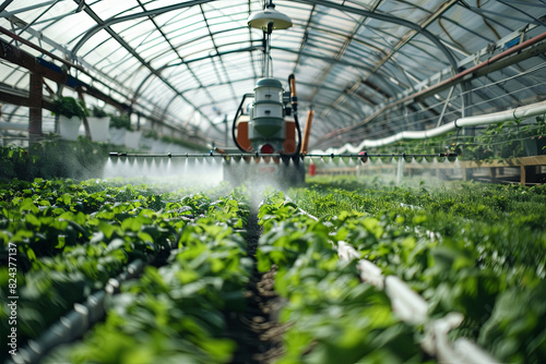 Large pesticide sprayer treating crops in greenhouse