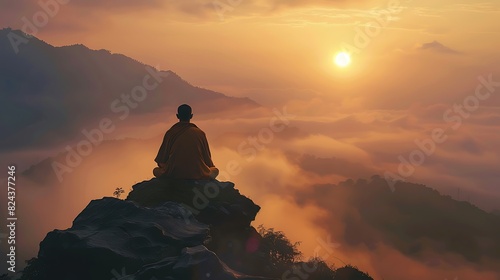 Buddhist monk in traditional robes meditating atop a misty mountain peak, his silhouette against the rising sun