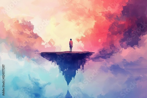 Surreal artwork of a solitary figure standing on a floating island amidst vibrant, colorful clouds, evoking feelings of wonder and isolation.