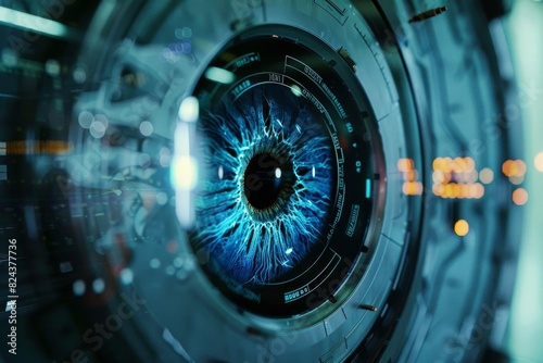Close-up of a futuristic digital eye with intricate technology details, symbolizing advanced artificial intelligence and cybersecurity concepts.