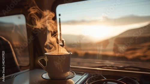 Steaming cup of coffee in a van life campervan living the slow life