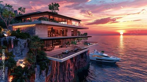 A luxurious villa perched on the edge of a cliff, offering stunning ocean views with a yacht moored at the bottom, all under a beautiful sunset.