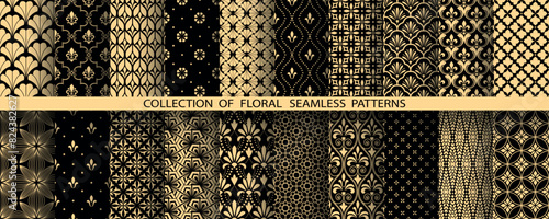 Geometric floral set of seamless patterns. Golden and black vector backgrounds. Damask graphic ornaments