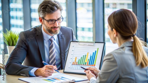 Economic Consultation: An economist discussing economic trends and forecasts with a client using graphs and reports, emphasizing consultancy and economic analysis. 