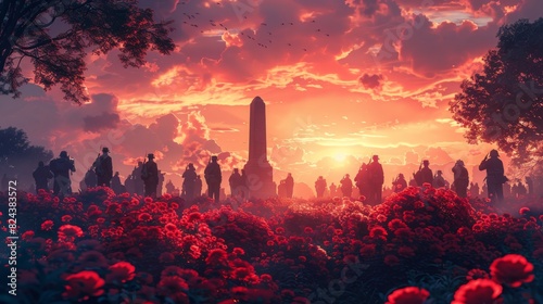 Animated vector illustration of a Memorial Day ceremony at a war memorial, with soldiers standing in salute and people placing flowers, all in a respectful and serene setting Generative AI