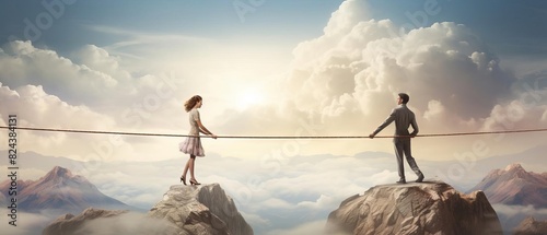 A man and woman stand on separate mountain peaks, connected by a tightrope, symbolizing a unique bond amidst a serene sky and clouds.