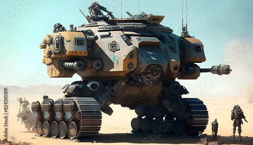 Formidable Mecha Tank Hybrid Leads Futuristic Military Forces in Desolate Post Apocalyptic Landscape