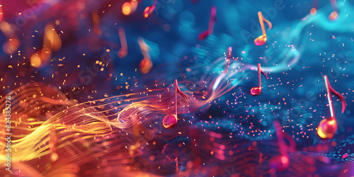Colorful music notes background with space for your text Musical Background,Soft hues of blue and pink mix with the glow of distant lights creating a dreamy and serene