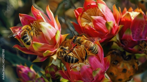 Honeybees collecting nectar from dragon fruit blossoms