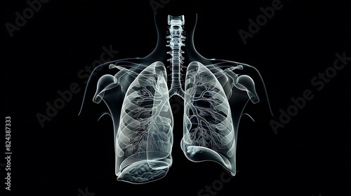 This 3D x ray displays the respiratory system highlighting the lungs expansion and contraction during breathing along with the trachea and bronchial tubes.