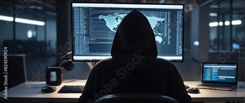 hacking with a mesmerizing depiction of an anonymous hacker, their back presented in a half-turn, wearing a hoodie, seated in front of a commanding monitor, engrossed in the process of deciphering 
