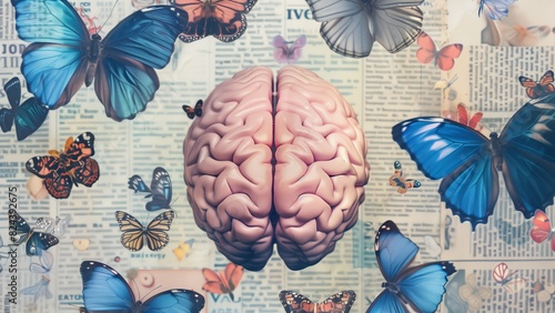 a montage with a human brain at the center, overlaid on a background consisting of newspaper clippings